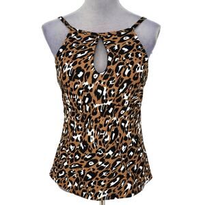 Ellen Tracy Swim Top Womens 14 Brown Black Animal Print Tankini Beach Resort